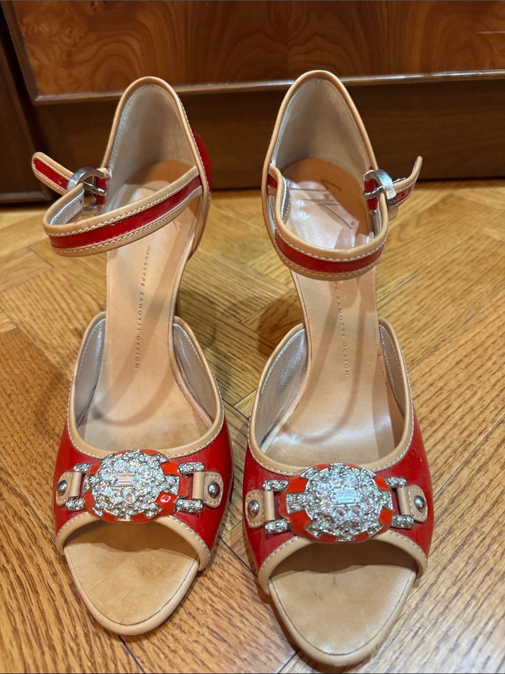 Giuseppe Zanotti Red and Tan Crystal-Embellished Ankle-Strap Heels